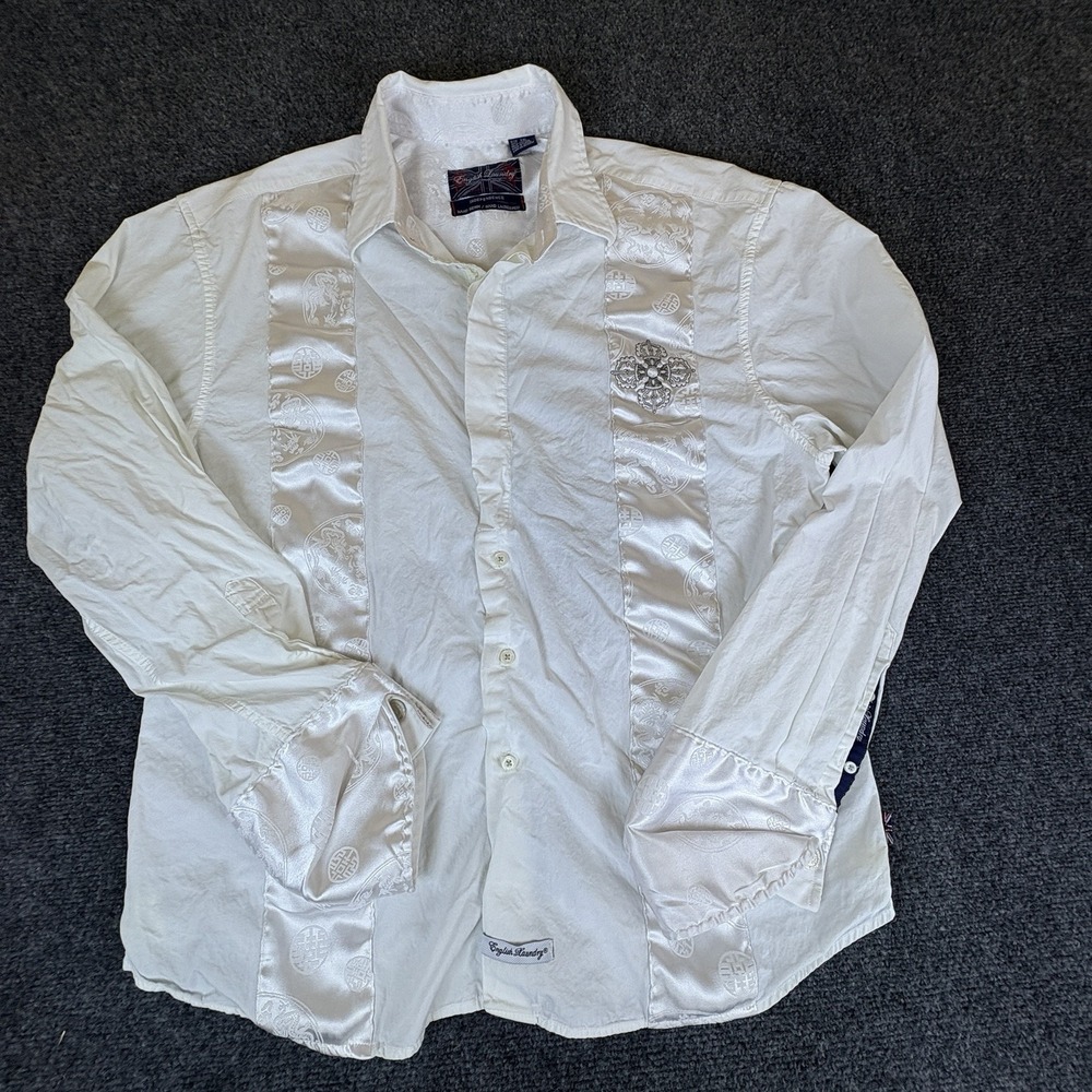 English Laundry Christopher Wicks Shirt Mens 2XL White Artwork Hand Sewn Cotton